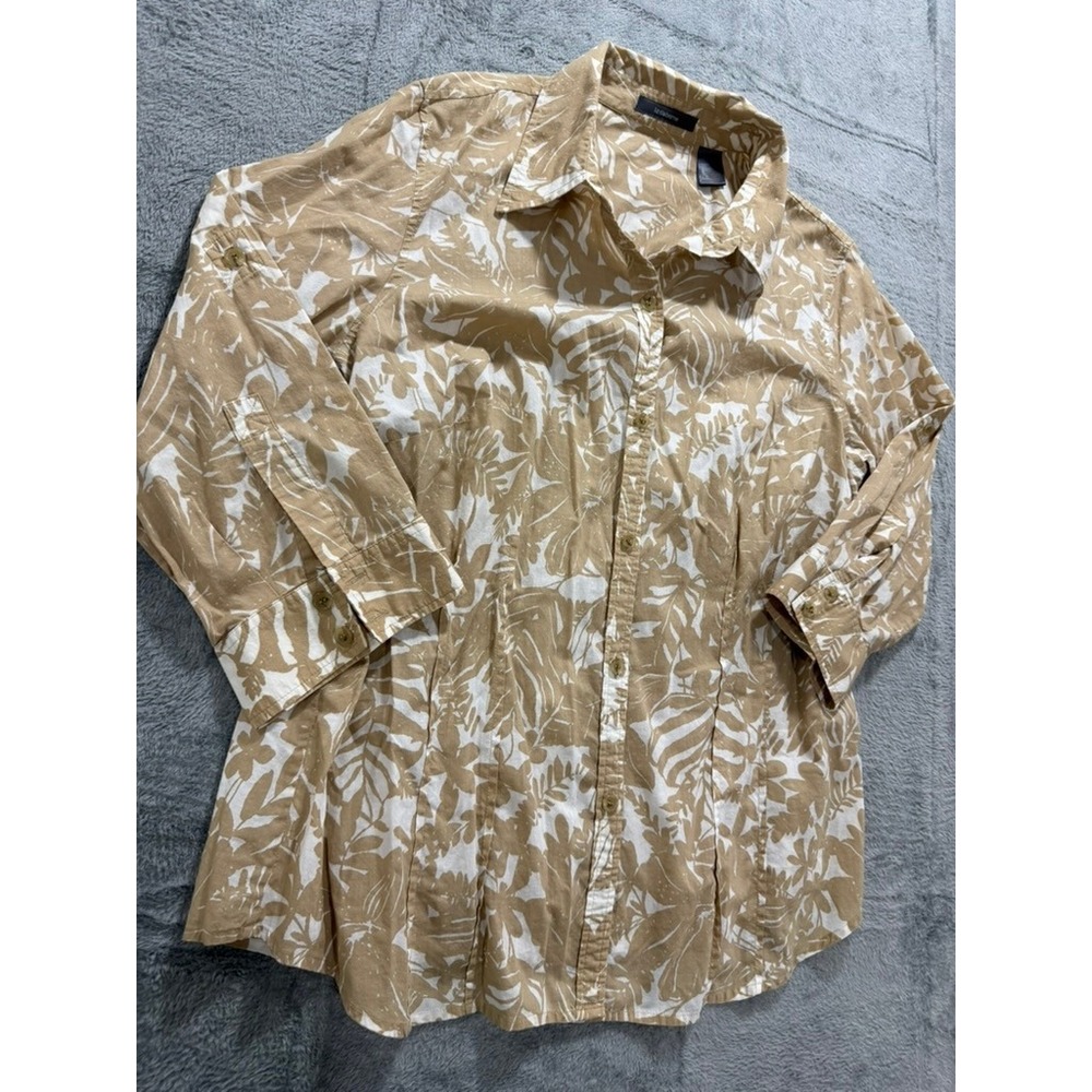 Liz Claiborne Button Up Shirt Women XL Beige Floral Tropical Casual Top - Picture 3 of 11